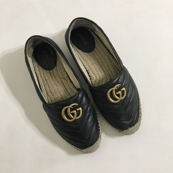 Gucci Shoes - GUCCI Pilar GG Matelassé Chevron Flat Espadrille, SIZE 39 Black Quilted Leather